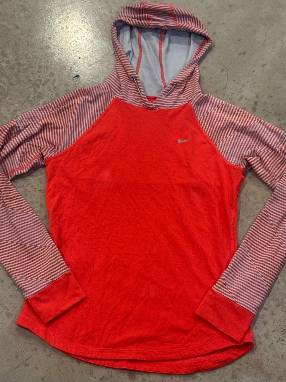 Nike Women's Coral Red Hooded Long Sleeve Top with Striped Sleeves